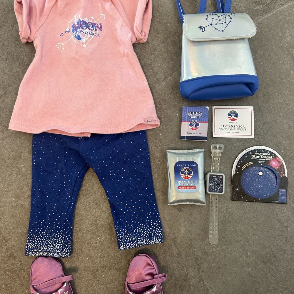 American girl doll Luciana pink and Blue Kids Outfit Set with Silver Bag